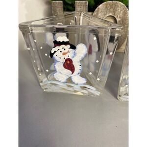 Hand Painted Glass Snowman Candle Holder Votive Christmas Holiday Decor